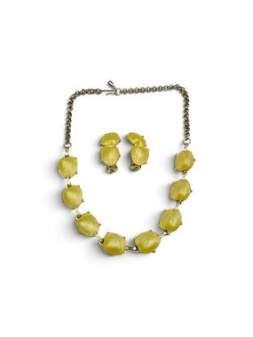 Vintage 1960s Yellow Lucite Seashell Necklace Clip On Earrings Set Gold Tone Mod